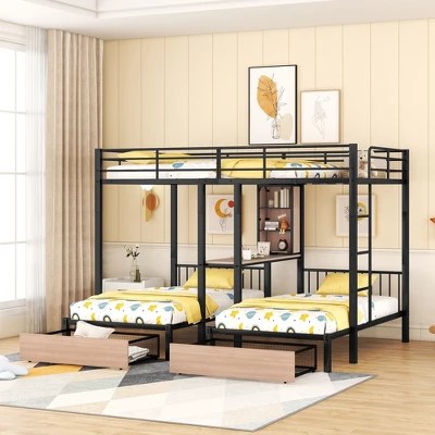 Full Over Twin & Twin Bed With Drawers, Multi-functional Metal Frame
