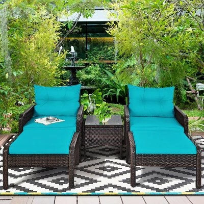 Costway 5 Pcs Patio Rattan Furniture Set Sofa Ottoman Table Cushioned