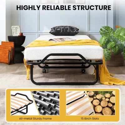 Tangkula Portable Foldable Guest Bed W/ Solid Wood Slats & Metal Frame