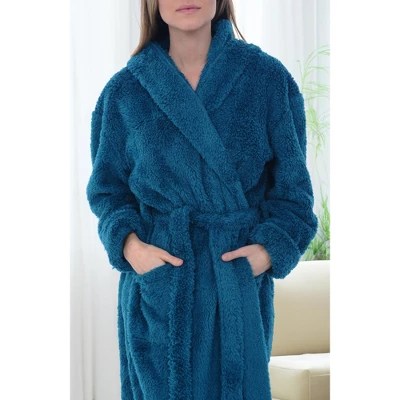 Adr Women's Plush Fleece Hooded Robe, Shaggy Feather Long Bathrobe