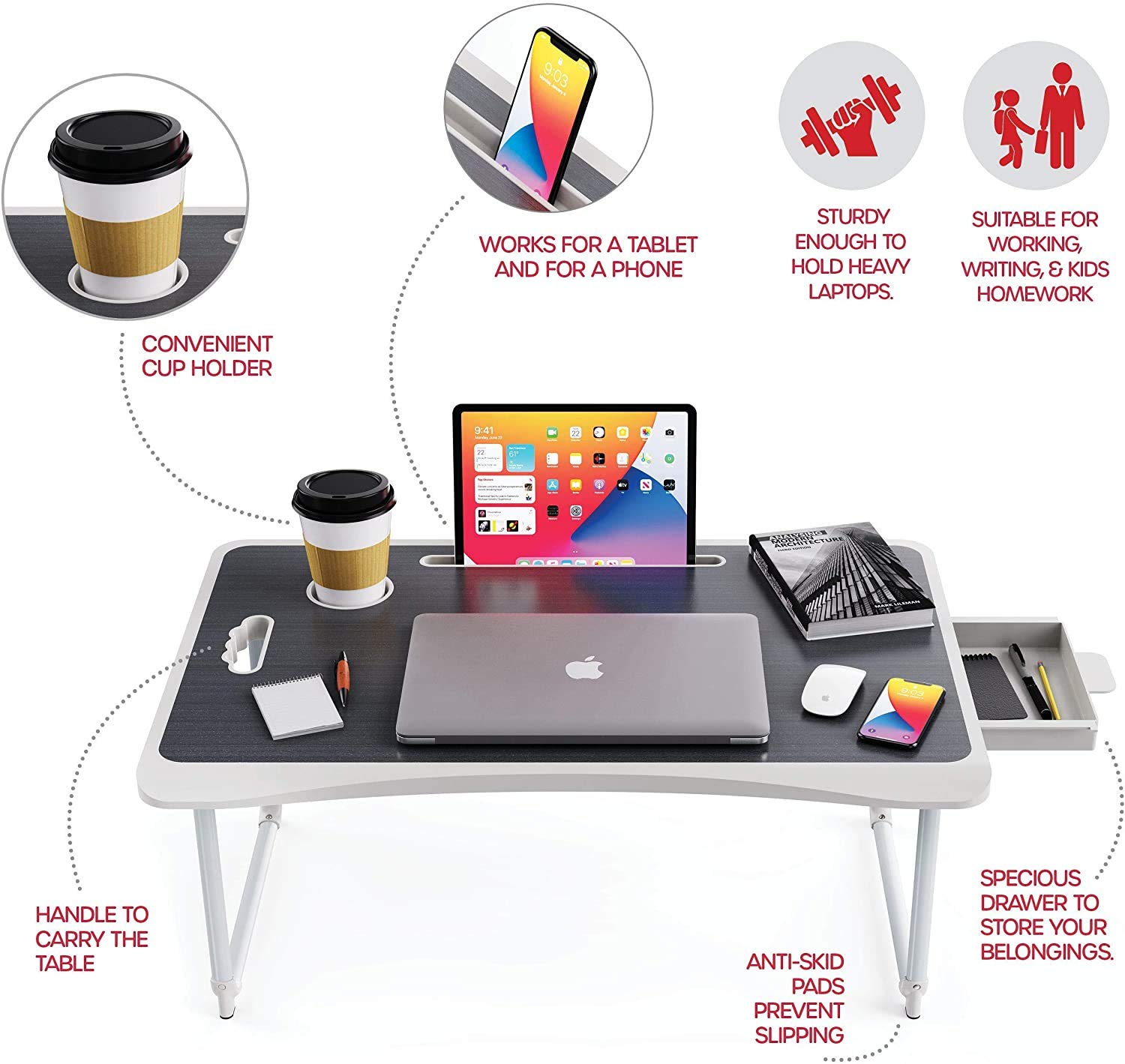 Tarkan Portable Folding Laptop Desk for Bed, Lapdesk with Handle