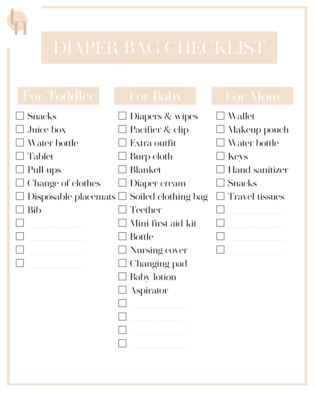 Diaper Bag Checklist Dallas motherhood Taryn Newton