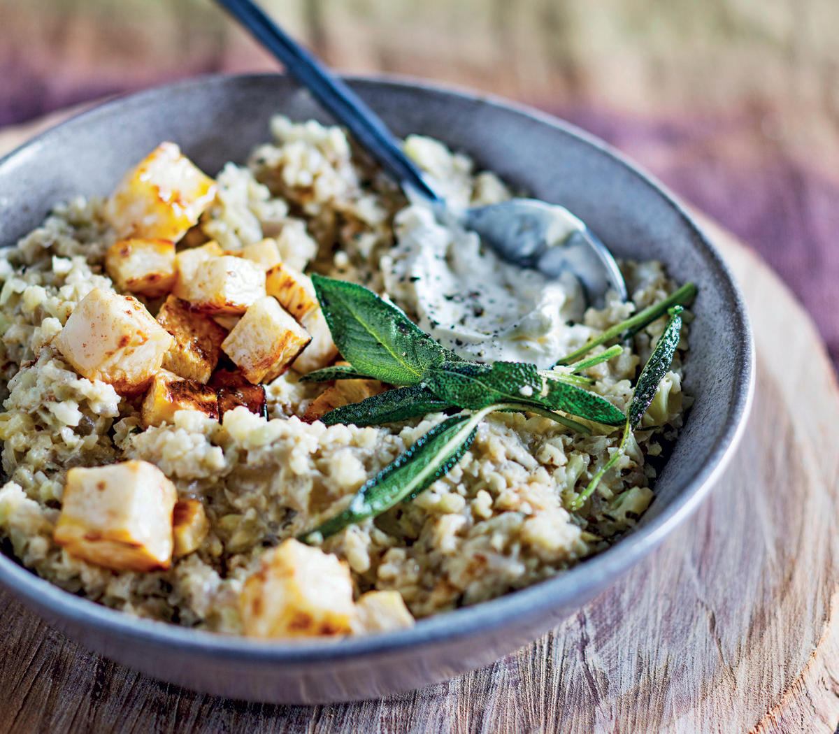 Low carb cauliflower rice risotto with celeriac