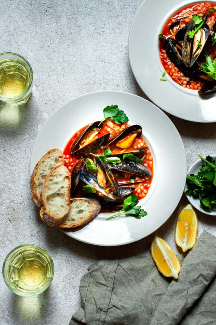 Easy Mussels with Israeli Couscous and Tomato Broth Recipe