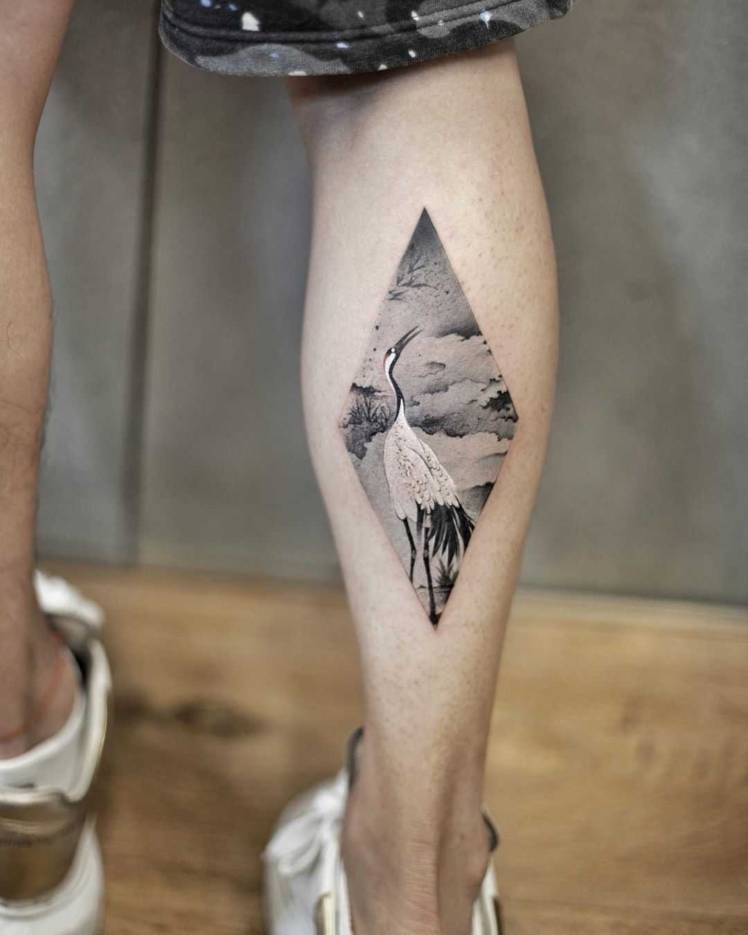 Watercolor crane by tattooist Chenjie