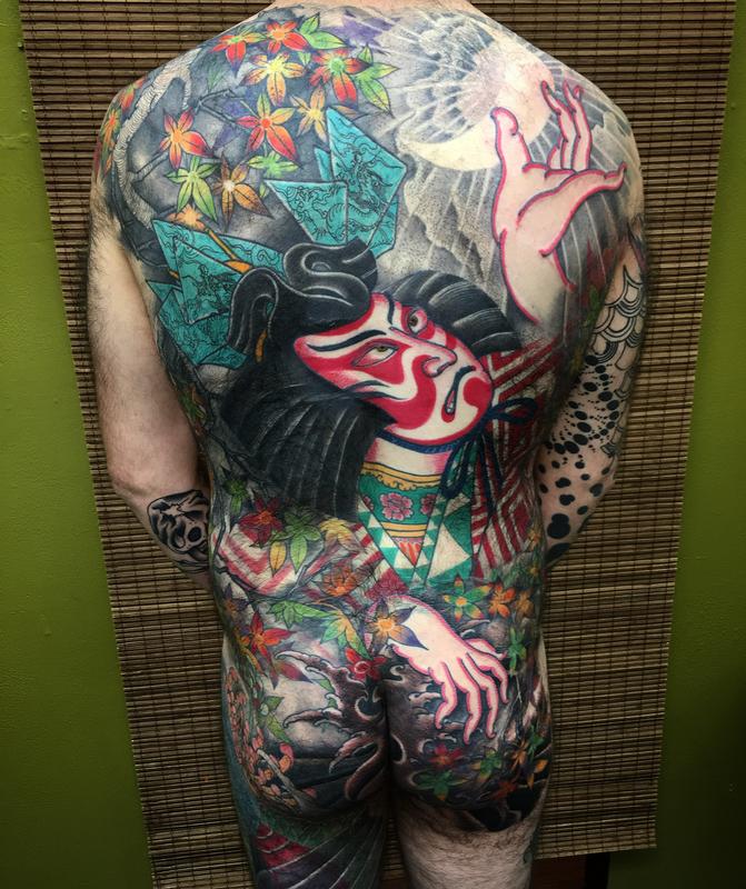 Kabuki actor DanjuroIII embracing the moon by Dana Helmuth Tattoos