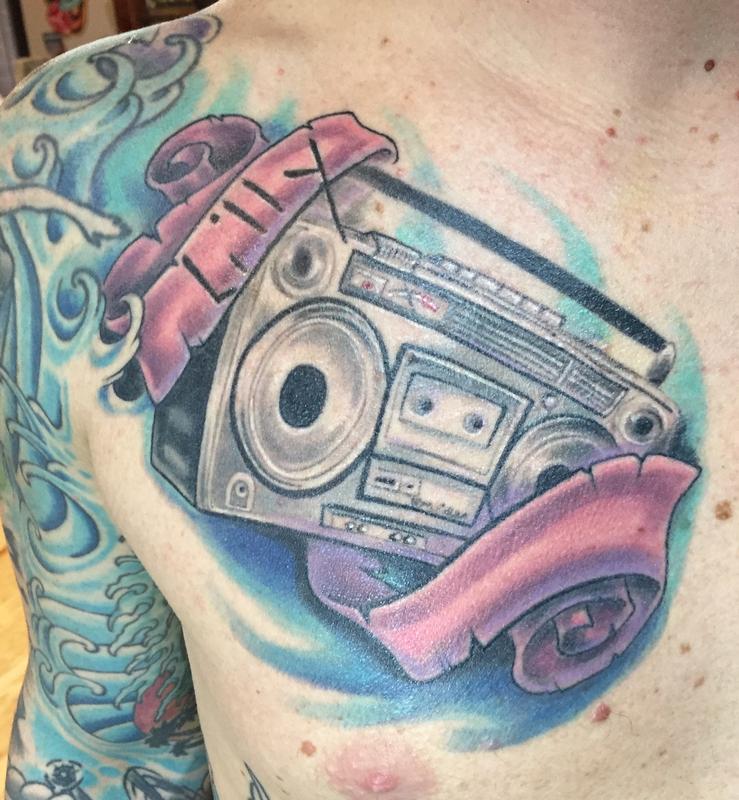 Ghetto blaster color tattoo by Phil Robertson Tattoos