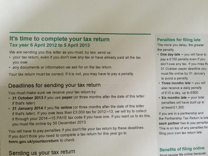HMRC Self Assessment Notice to complete a tax return