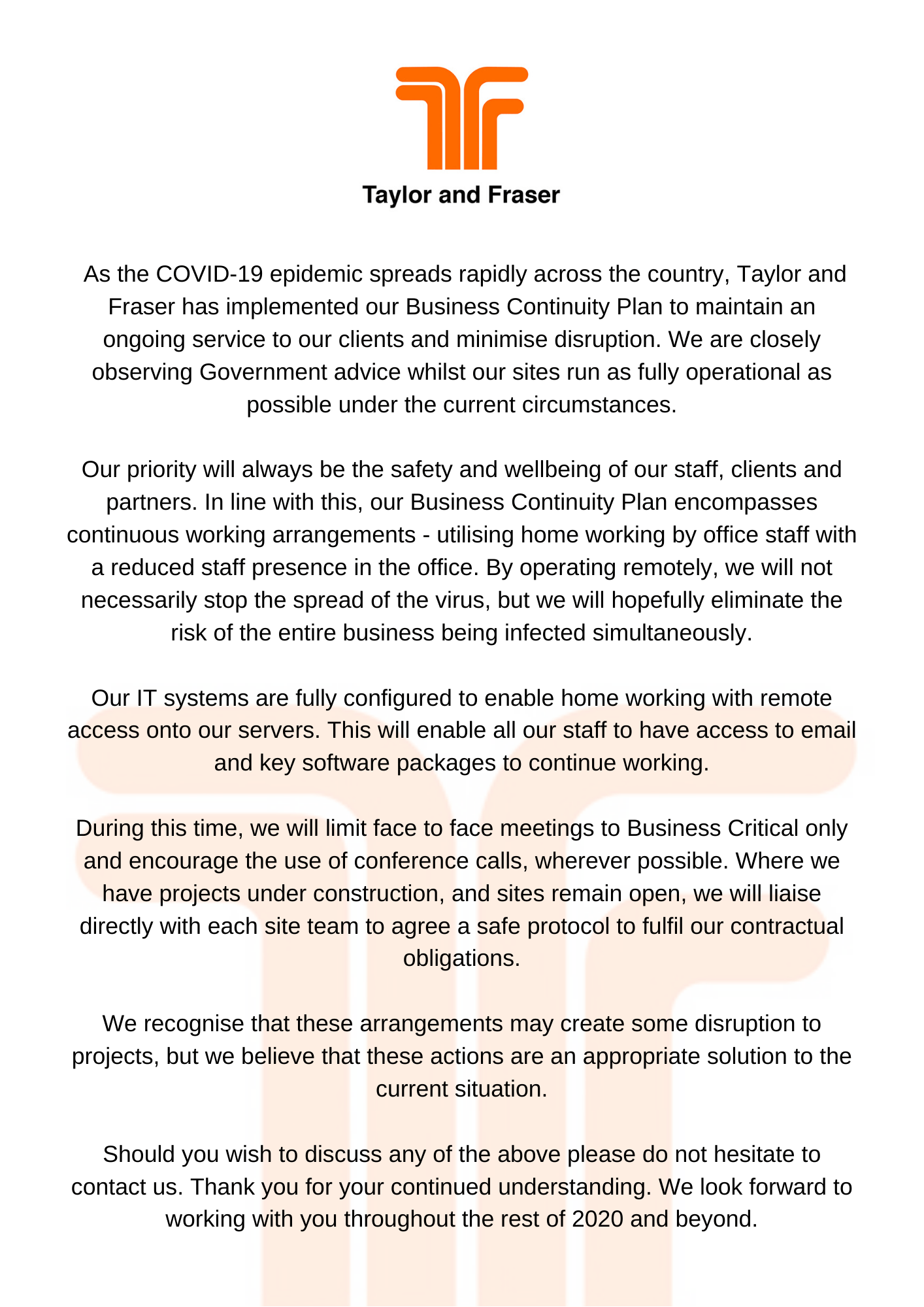 A letter to our clients and supply chain COVID19 Taylor and Fraser