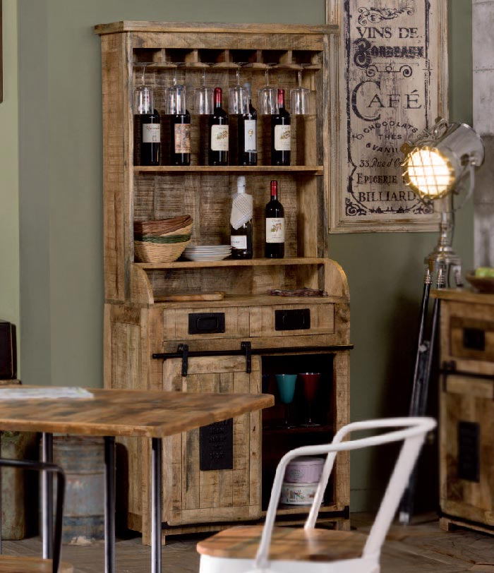 Newport Credenza Bar industrial in legno di mango, colore naturale