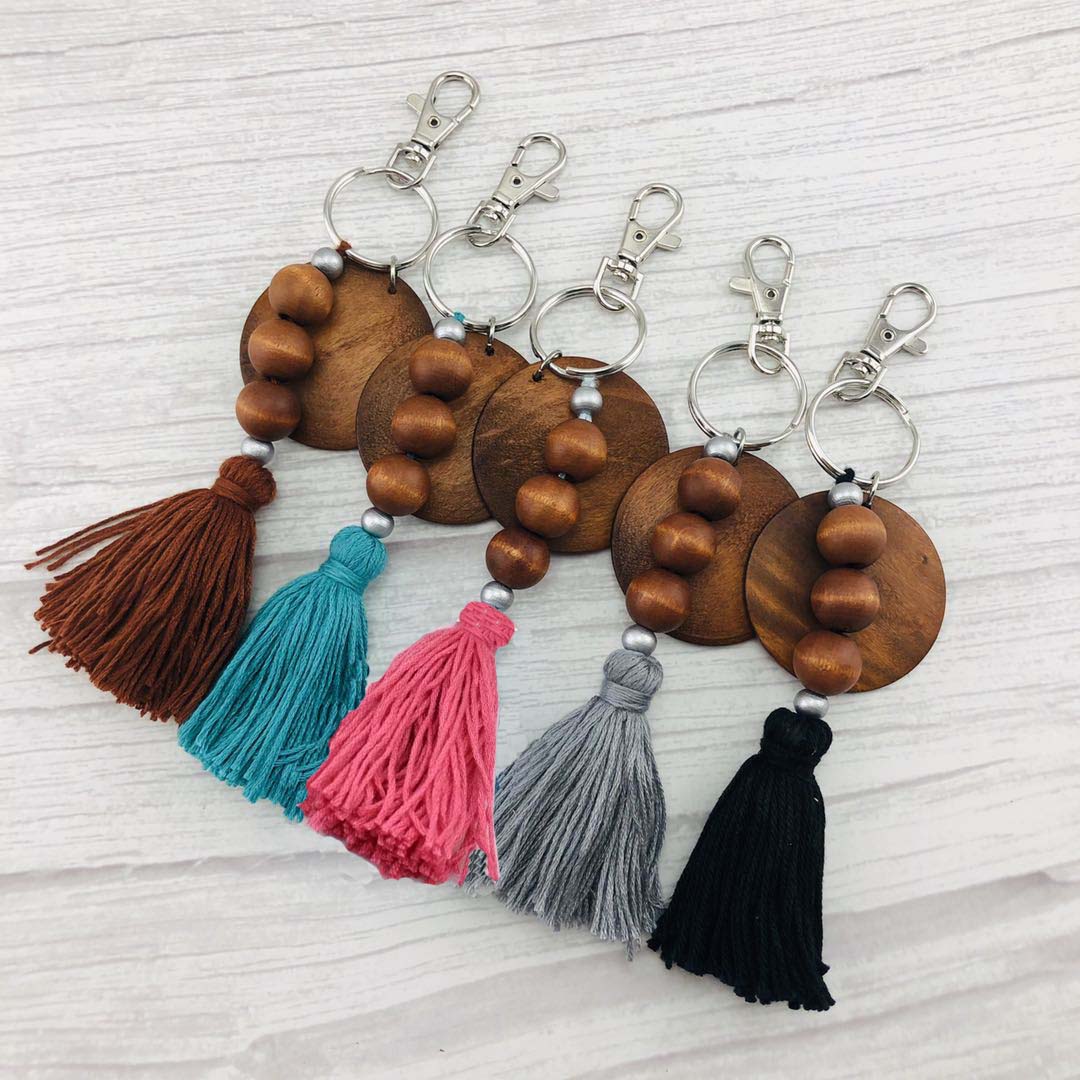 Wood Bead Keychain w/ Disc & Tassel 5 Colors to Choose From TCG