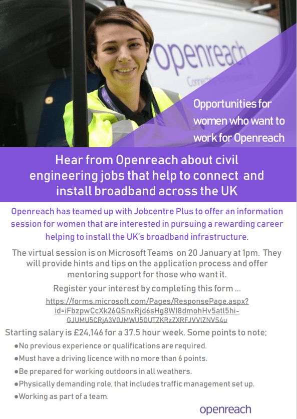 Openreach teams up with Jobcentre Plus on entrylevel civil engineering