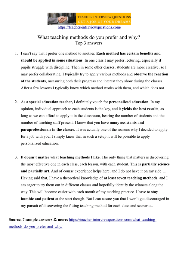 What teaching methods do you prefer and why? 7 sample answers