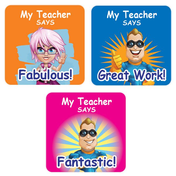 Teacher Merit Stickers 25mm Square Superhero Theme, Personalised Name