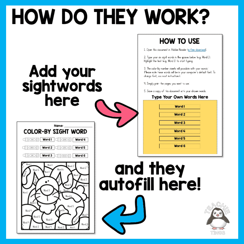 Color By Sight Words Autofill Worksheets Add Your Own Words — Teachie