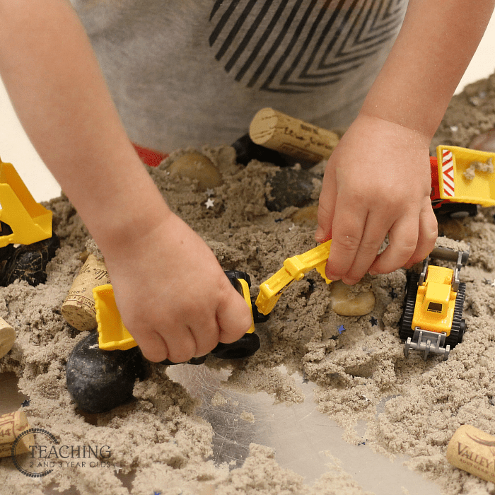 The Easiest Construction Sensory Bin Using Sand