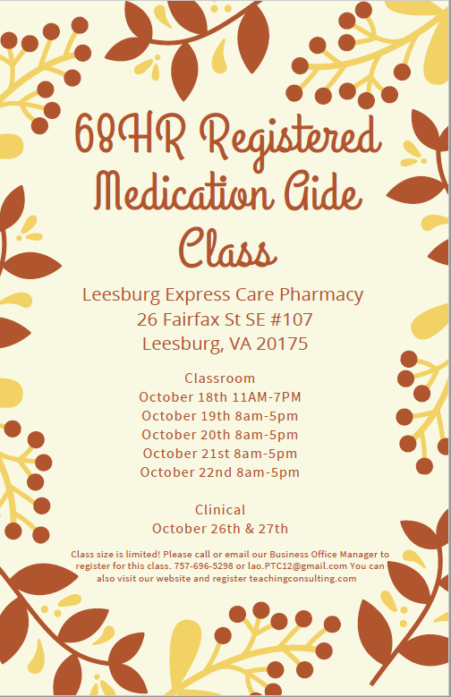 68HR Registered Medication Aide Class Professional Teaching and Consulting