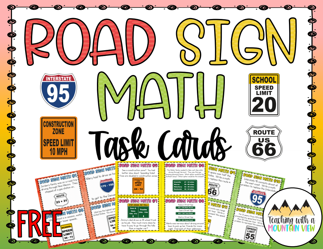Road Sign Math Task Cards Freebie Teaching with a Mountain View
