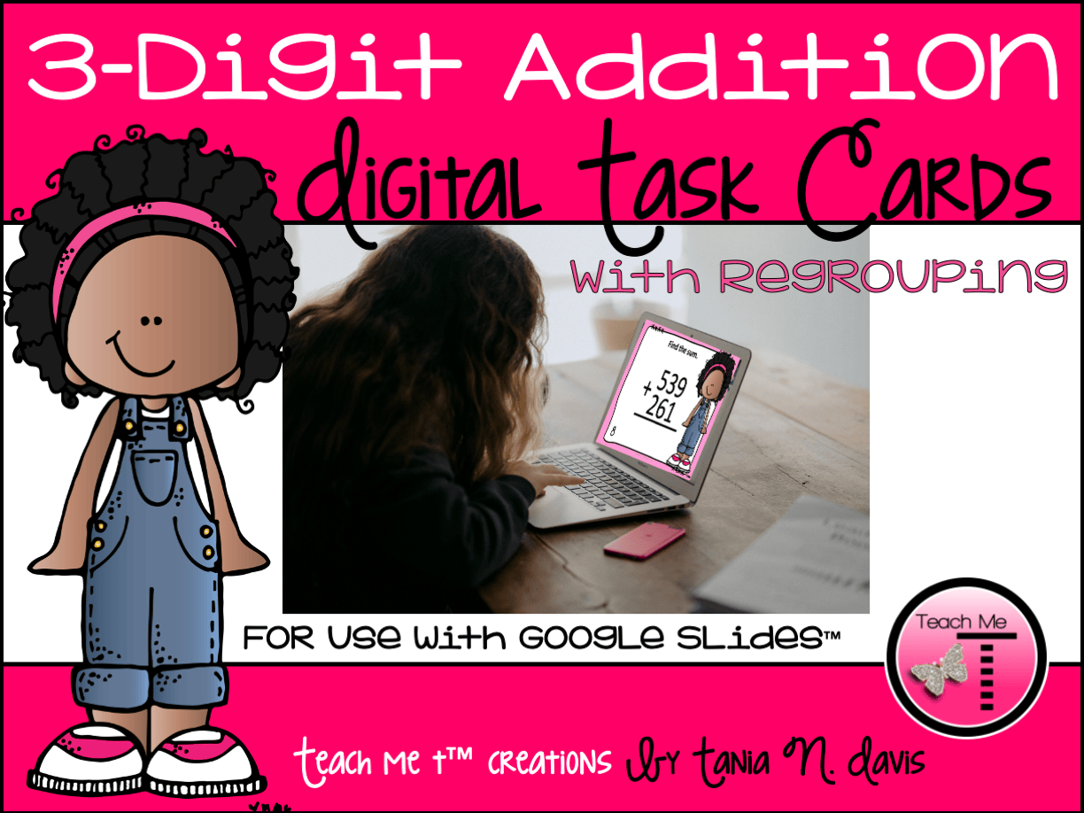 Image of the cover of my 3-digit addition with regrouping digital task cards. Image of a little girl on a laptop, working on a problem from my resource.