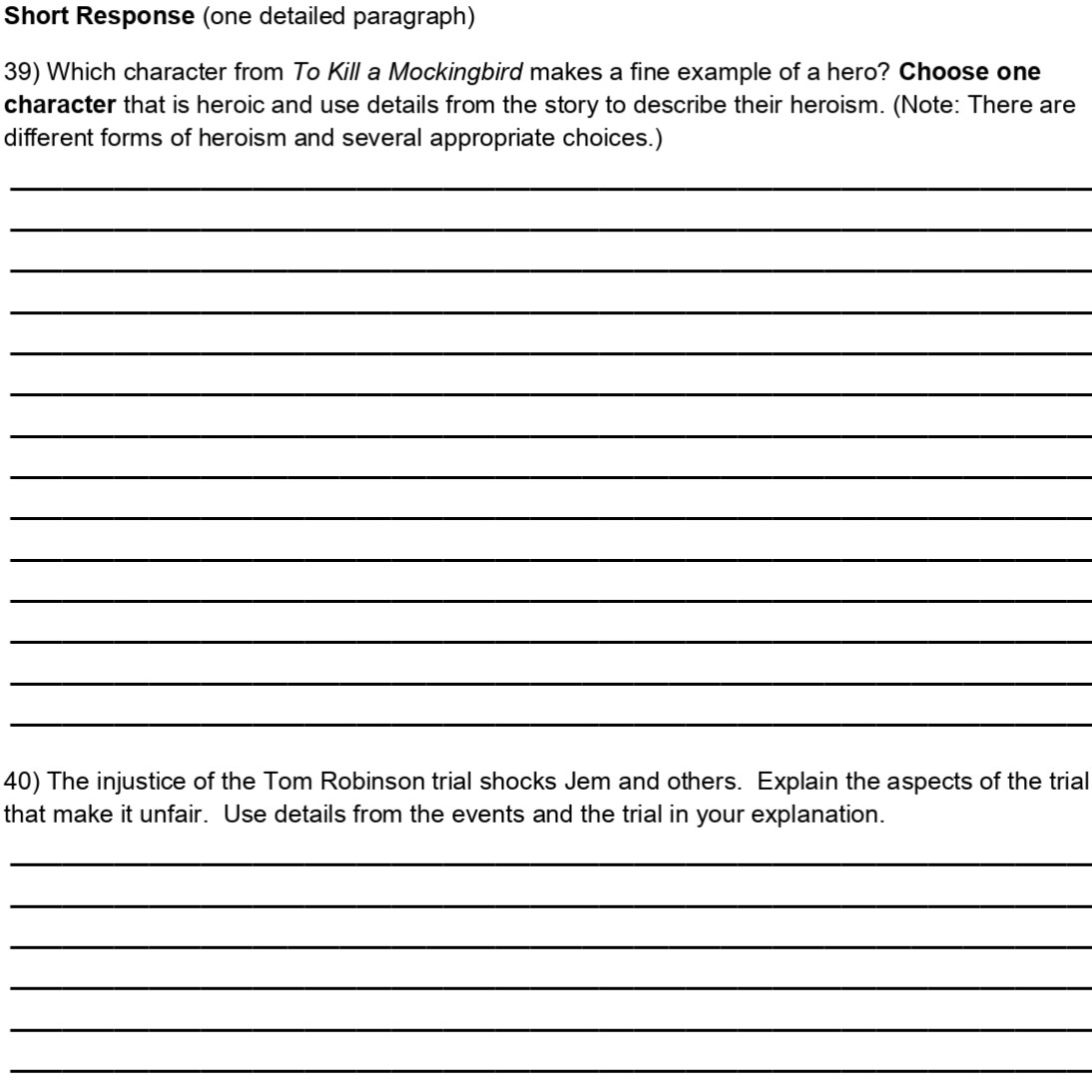 To Kill a Mockingbird Reading Test (wholebook reading check