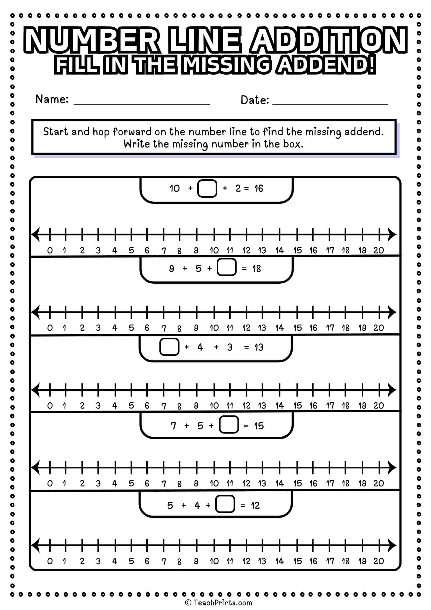 Number Line Addition Worksheets - Free! - Teach Prints
