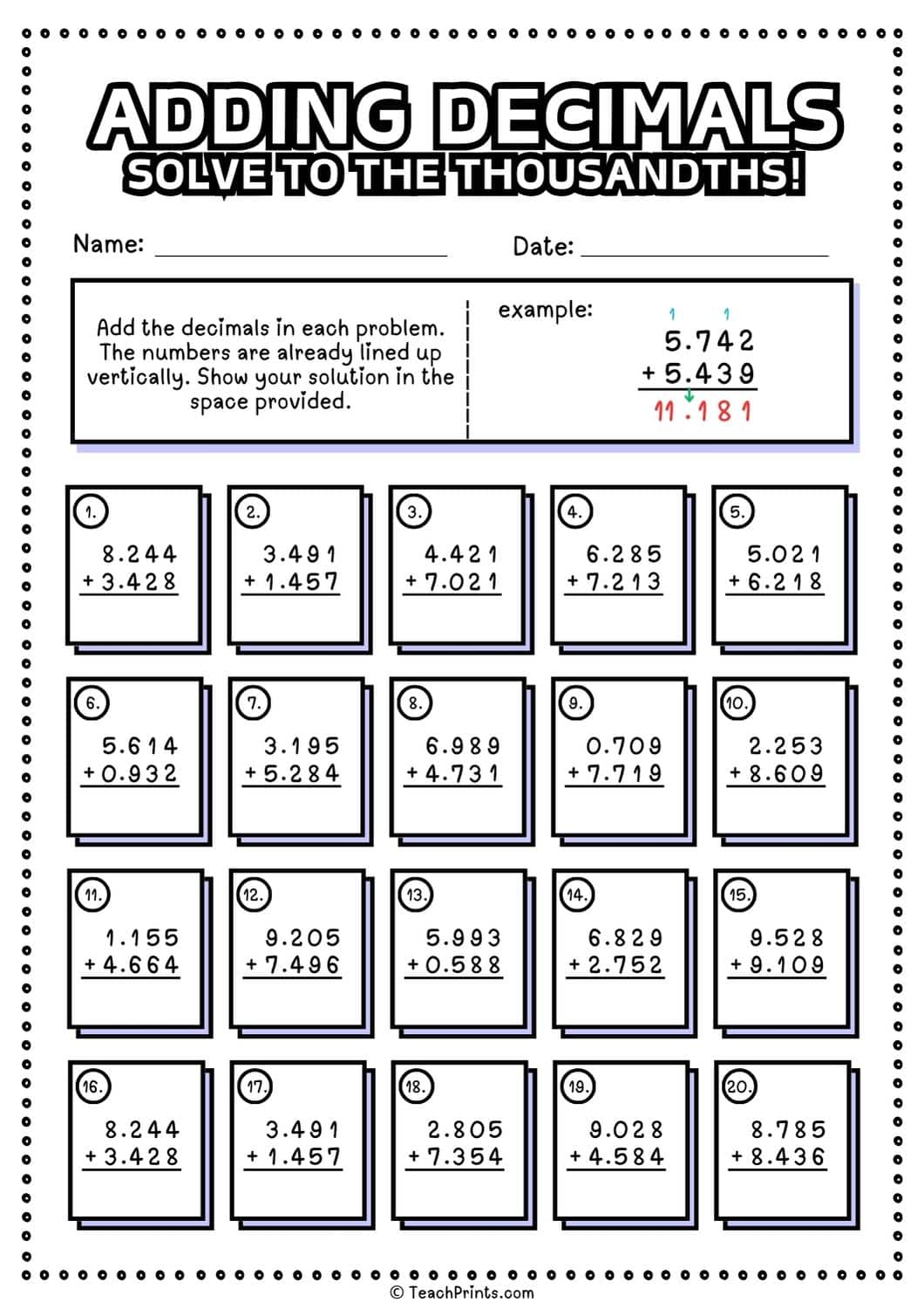 Decimal Addition Worksheet
