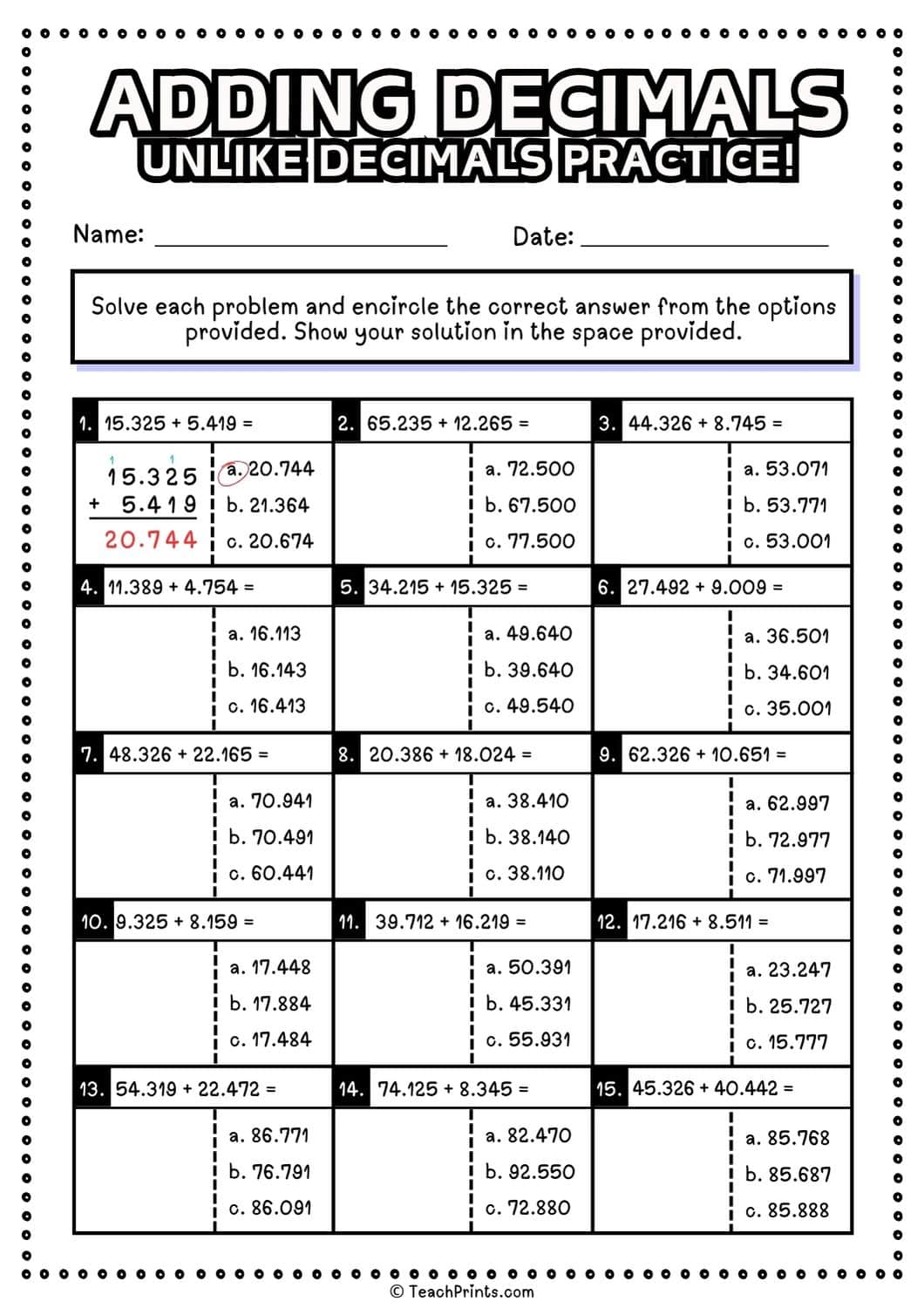 Free Adding Decimals Worksheets - Teach Prints