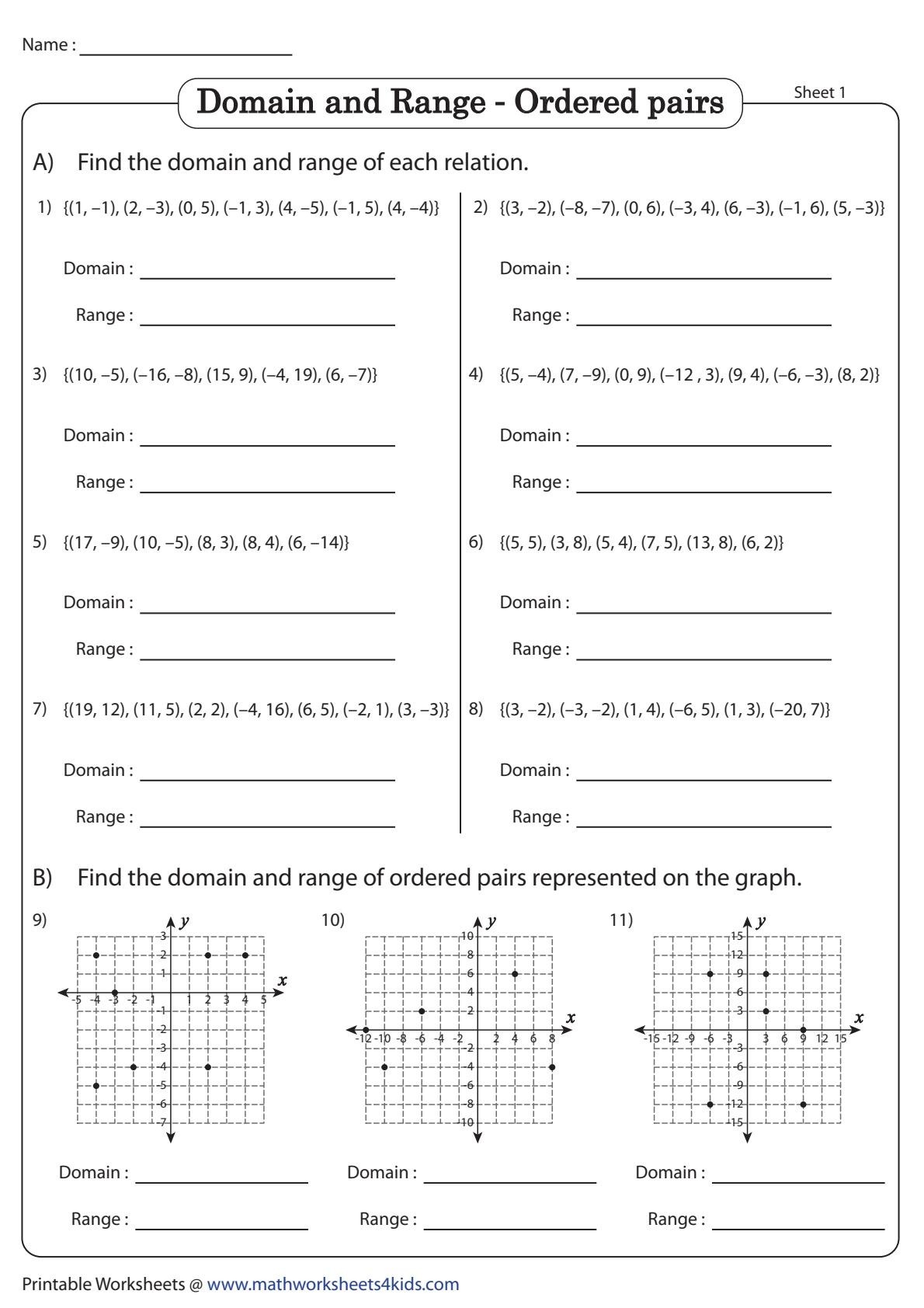 9 Best Worksheets For Identifying The Domain And Range Of Functions