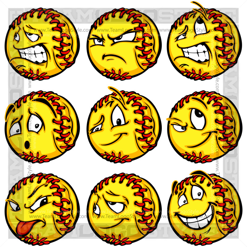 Angry Softball Vector Clipart Softballs with Crazy Faces