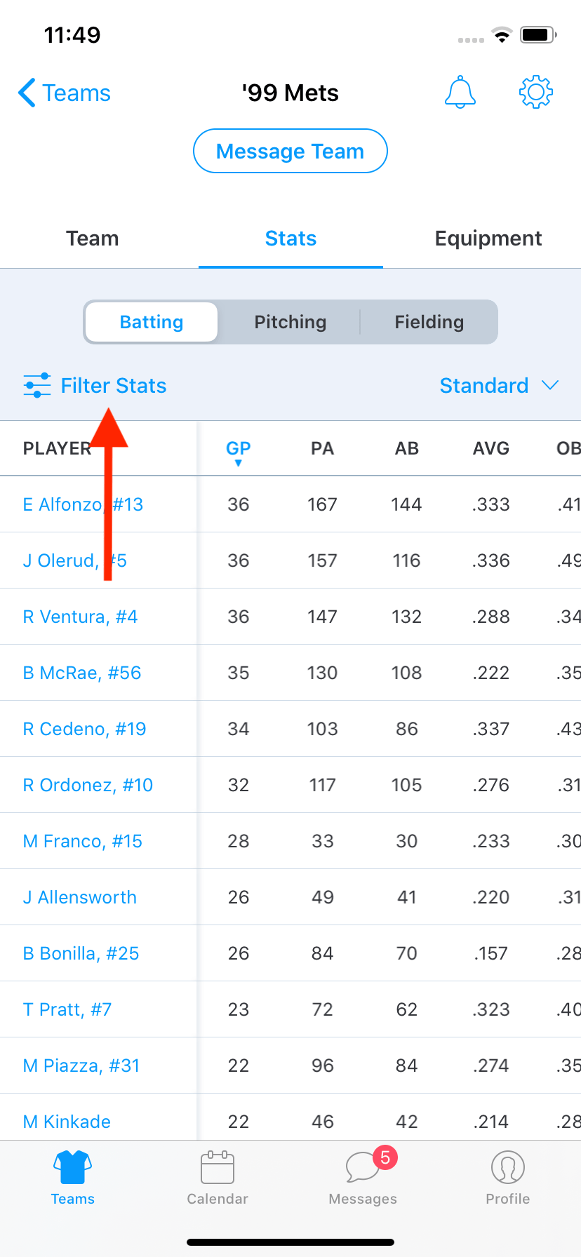 Stat Filters Team Manager