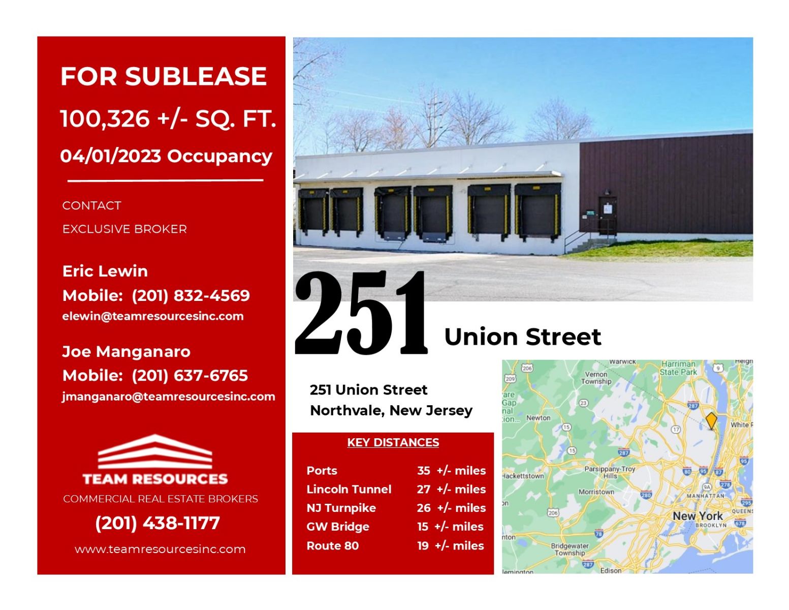 FOR SUBLEASE 100,326 +/ SQ. FT. AT 251 UNION STREET IN NORTHVALE, NJ