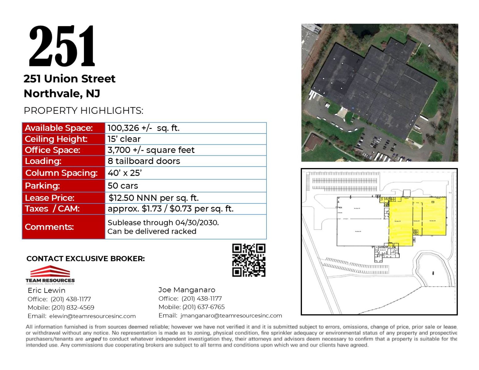 FOR SUBLEASE 100,326 +/ SQ. FT. AT 251 UNION STREET IN NORTHVALE, NJ