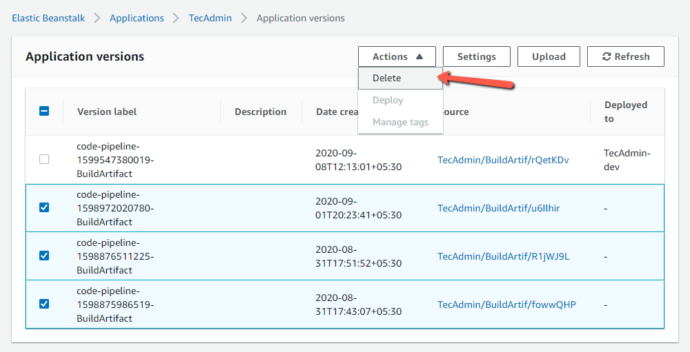 How To Delete Application Version's from AWS Beanstalk TecAdmin