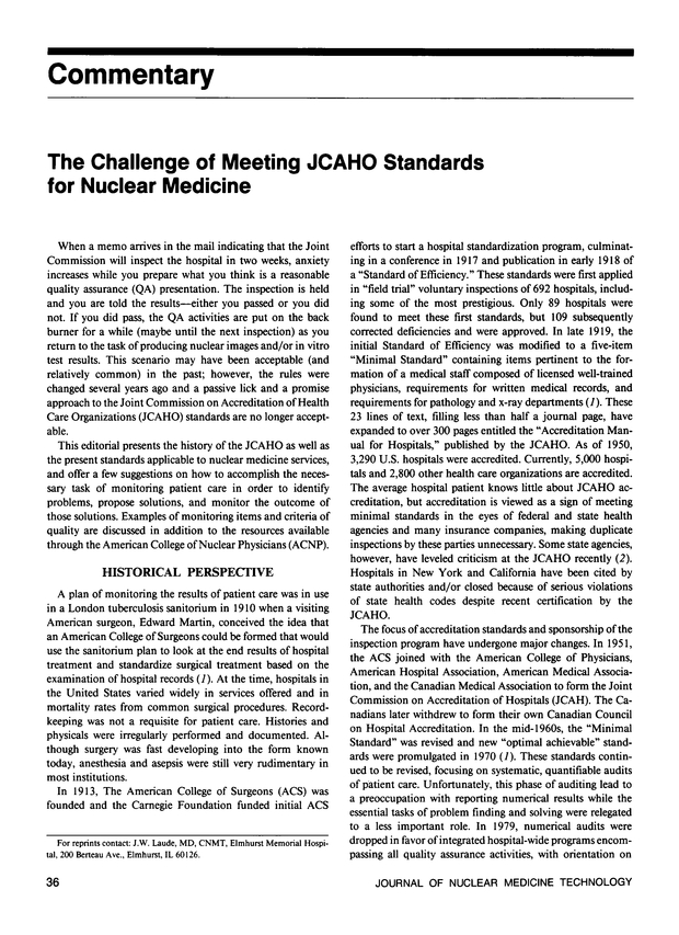 The Challenge of Meeting JCAHO Standards for Nuclear Medicine Journal