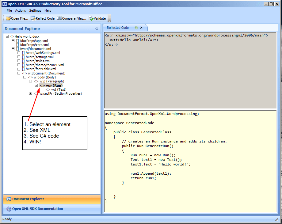 Open XML SDK Tool to analyse documents and generated C code Trailmax