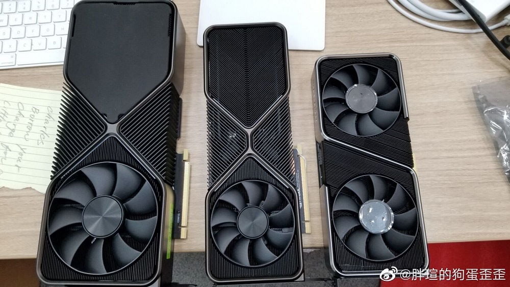 Image shows Nvidia RTX 3090, RTX 3080 and RTX 3070 size