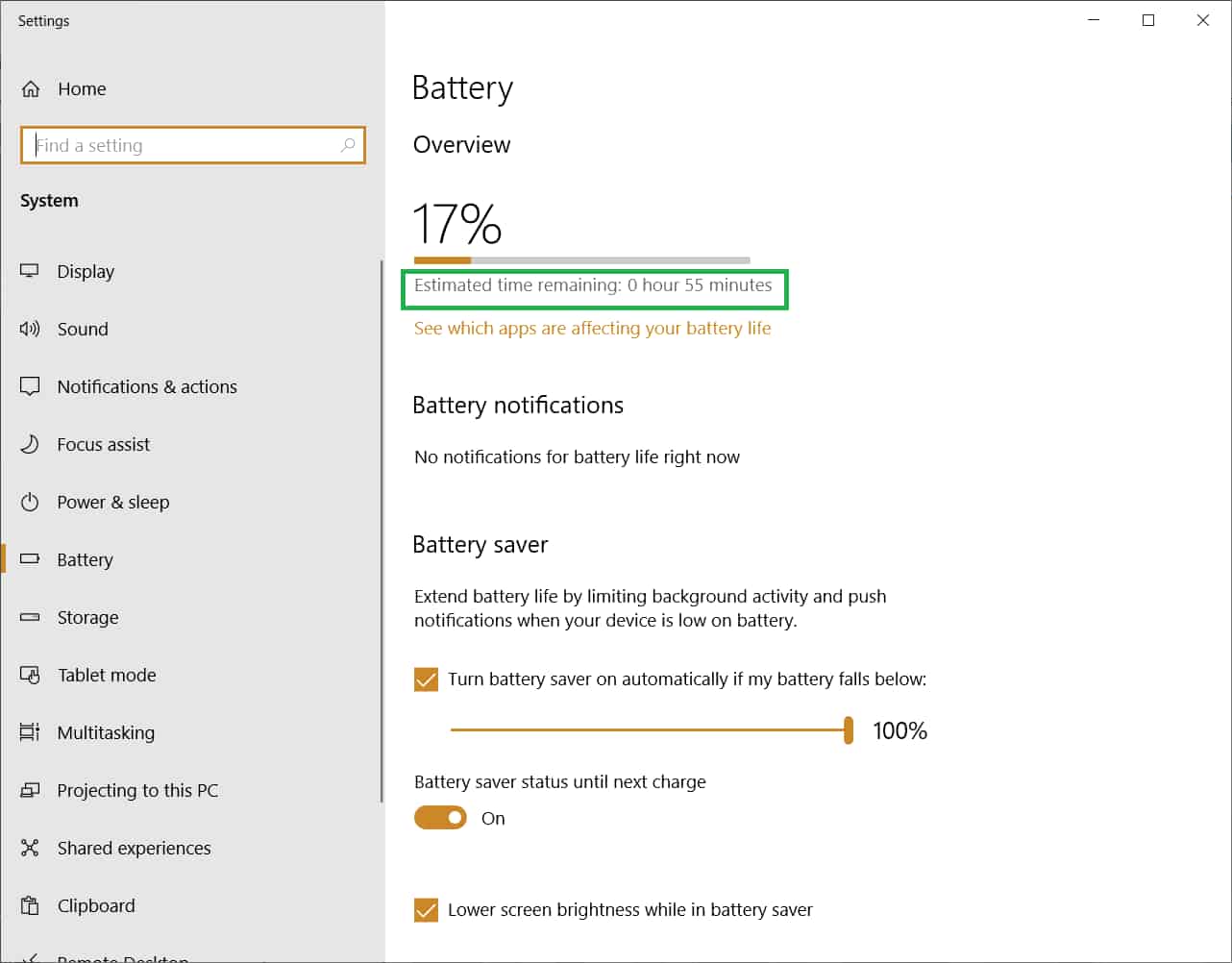 How to Enable Battery Remaining Time in Windows 10?