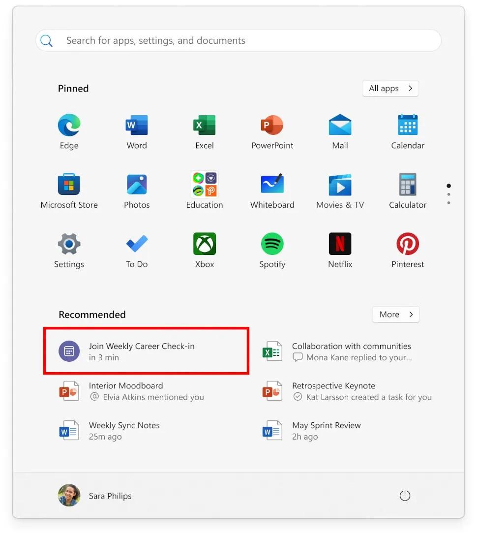 Teams Meeting Reminder Notifications Windows 11 Start Menu, Email and