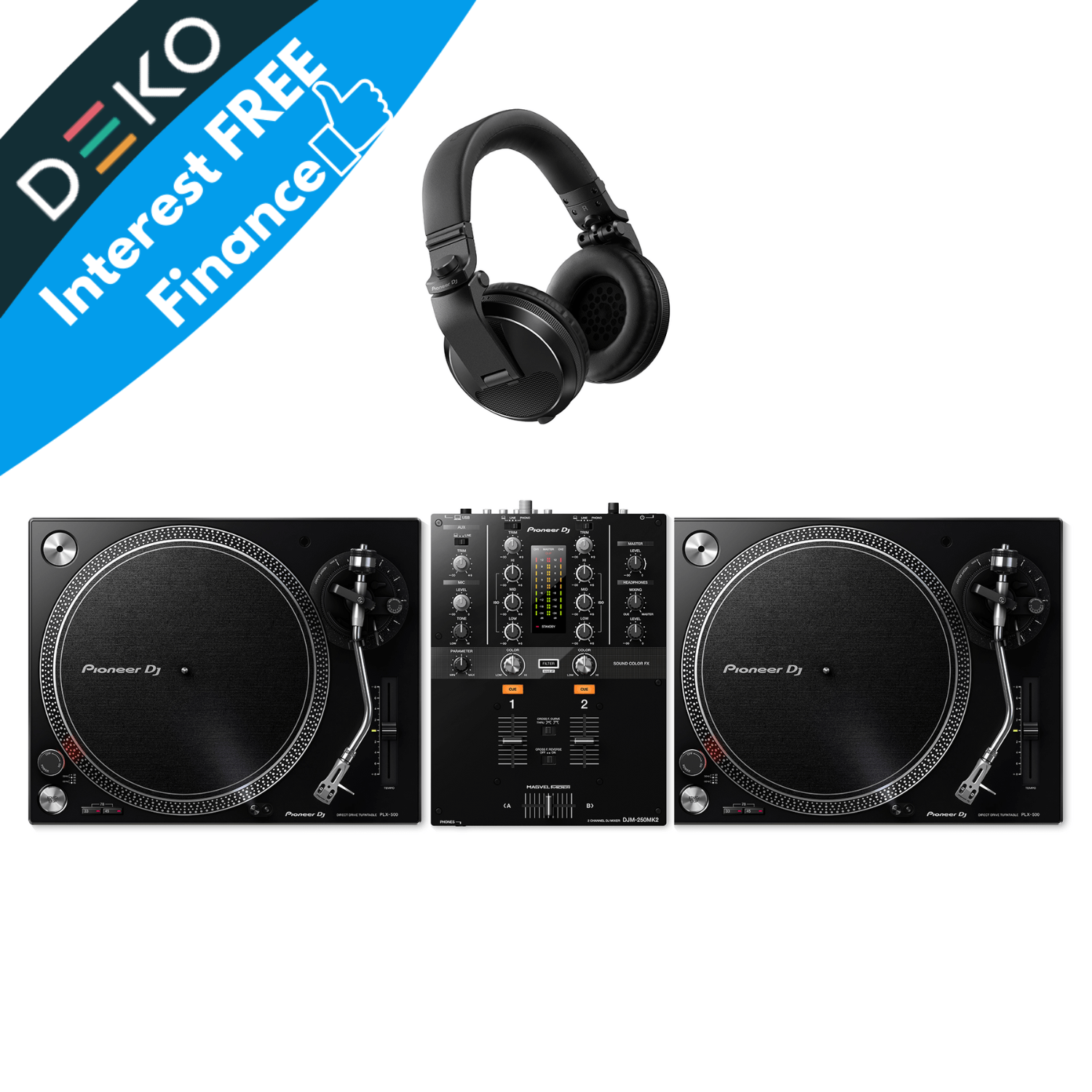 Pioneer DJ PLX500 Turntable DJM250MK2 and HDJX5 DJ Package