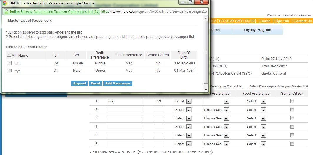 Populate passenger names using Travel and Master Lists in IRCTC to book