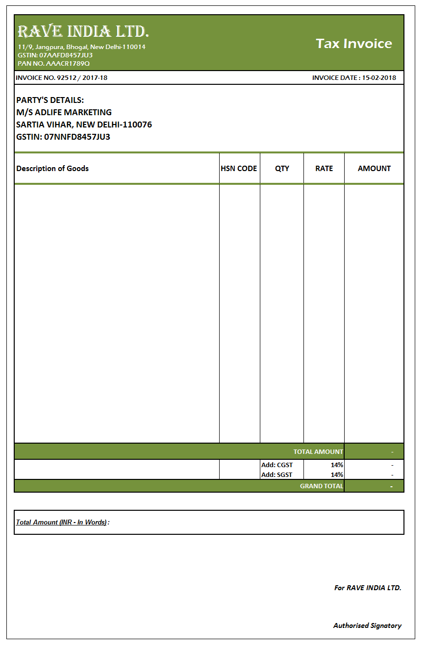 GST Invoice Format in Excel, Word (Format No. 28) .xls, .doc file