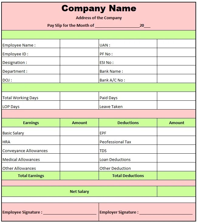Salary Slip Template In Excel Free Download Salary Slip Format In