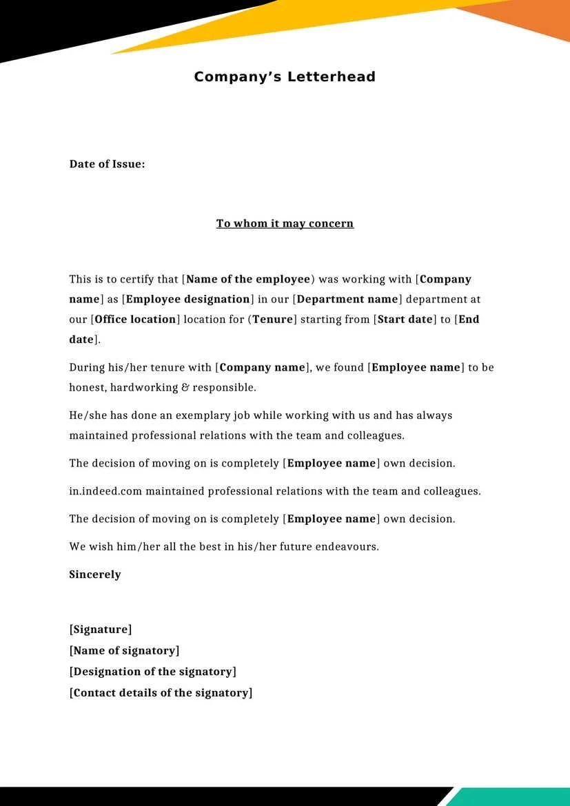 Template For Experience Certificate