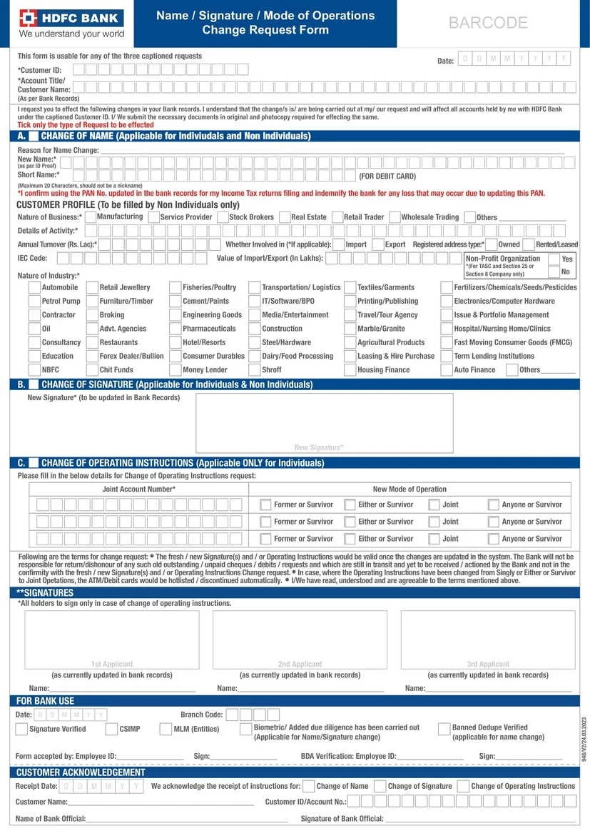 HDFC Bank Name / Signature / Mode of Operations Form in PDF Download
