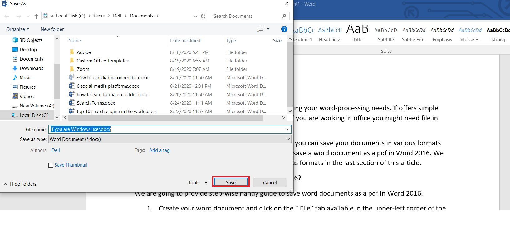 How do I save a Word document as a PDF in Word 2016? Technical Aide