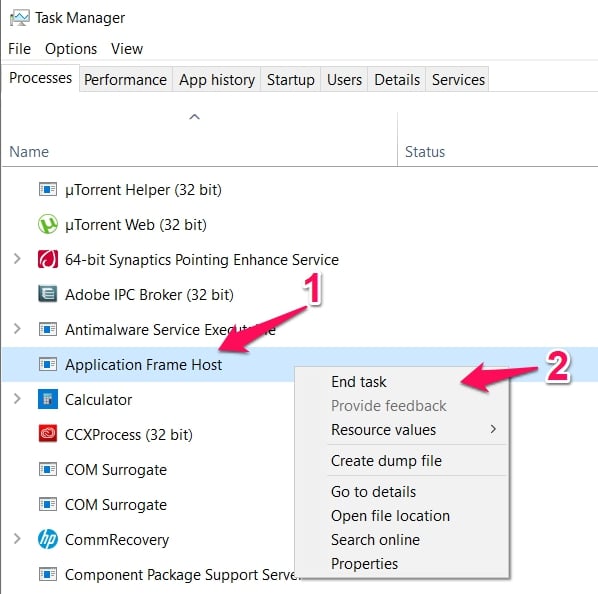 Application Frame Host in Windows 10 Tom'…