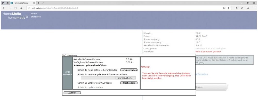 CCU3 Erster Start und Software (Installation aktuelle Firmware