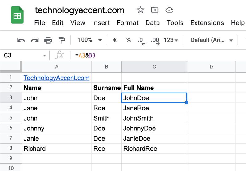 How to combine first and last name in google sheets