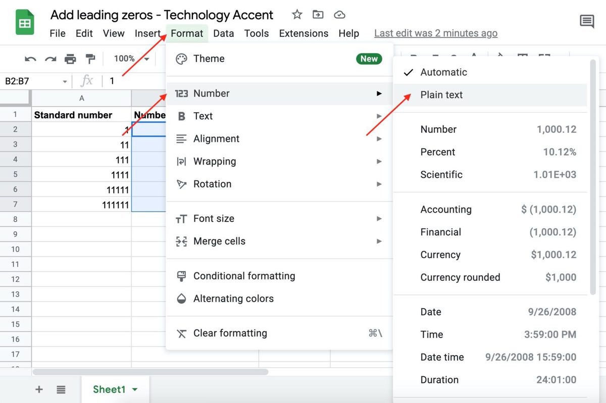 How to add leading zeros in Google Sheets Technology Accent