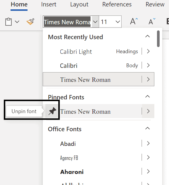 How to set default font in word online